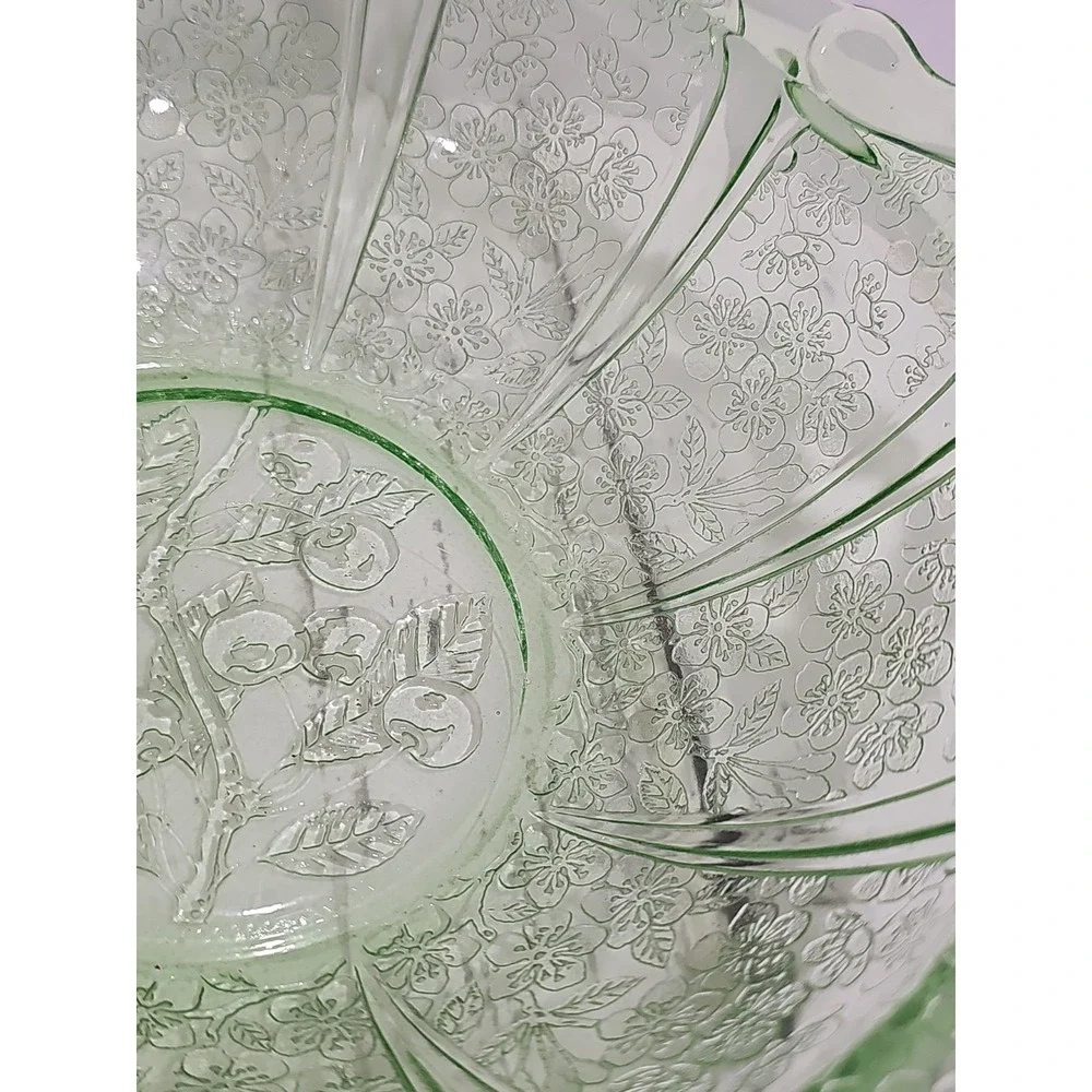 VTG Jeanette Cherry Blossom Green Depression Glass Serving Bowl with handles